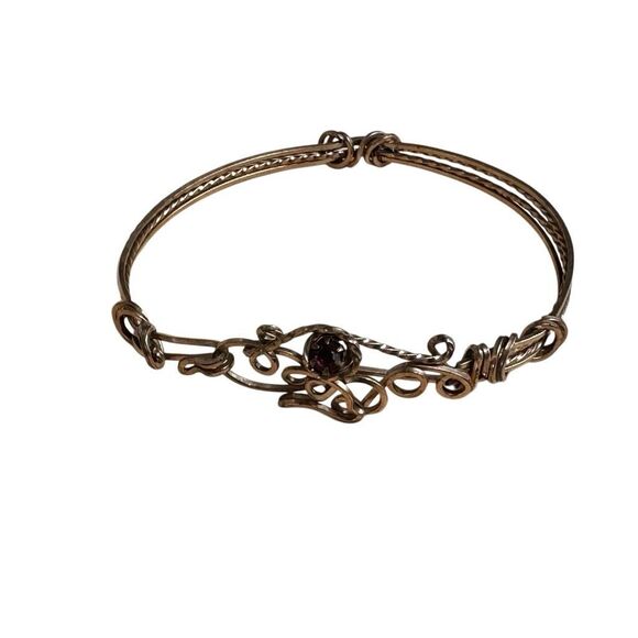 Handmade Wire Wrapped Bangle Bracelet with Red Glass Accent - Picture 2 of 8